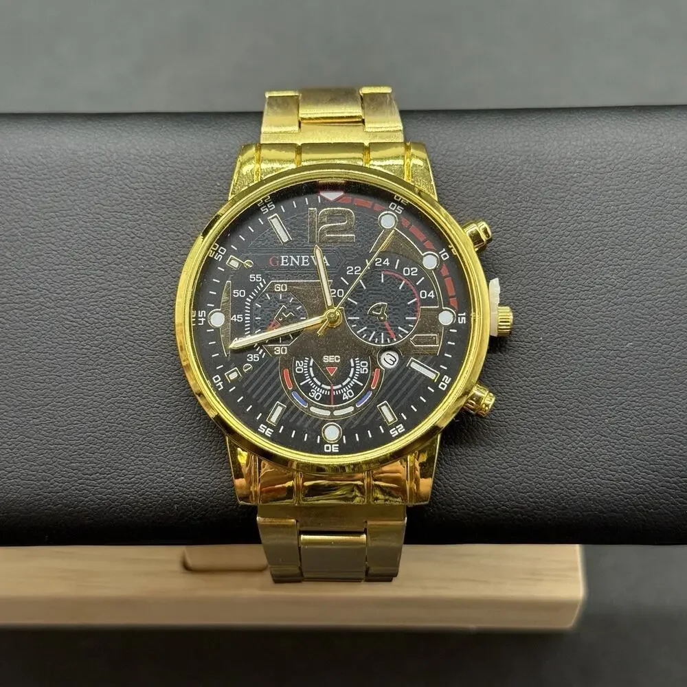 Geneva Men's Gold Tone Watch Black Dial Chronograph Style Link Bracelet Quartz